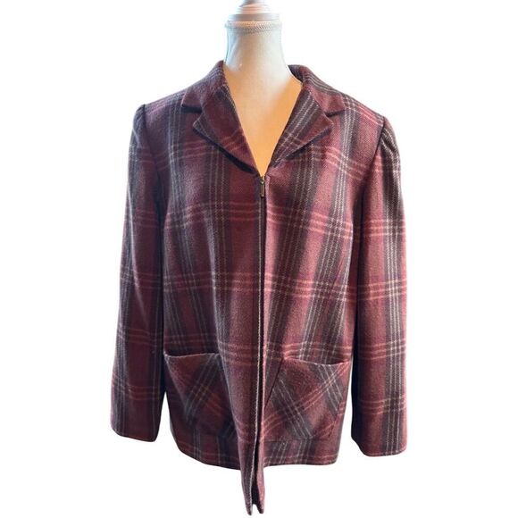Requirements Jackets & Blazers - Requirements Vintage Women's Wool Blend Plaid Zip-Up Jacket Brown Size 16
